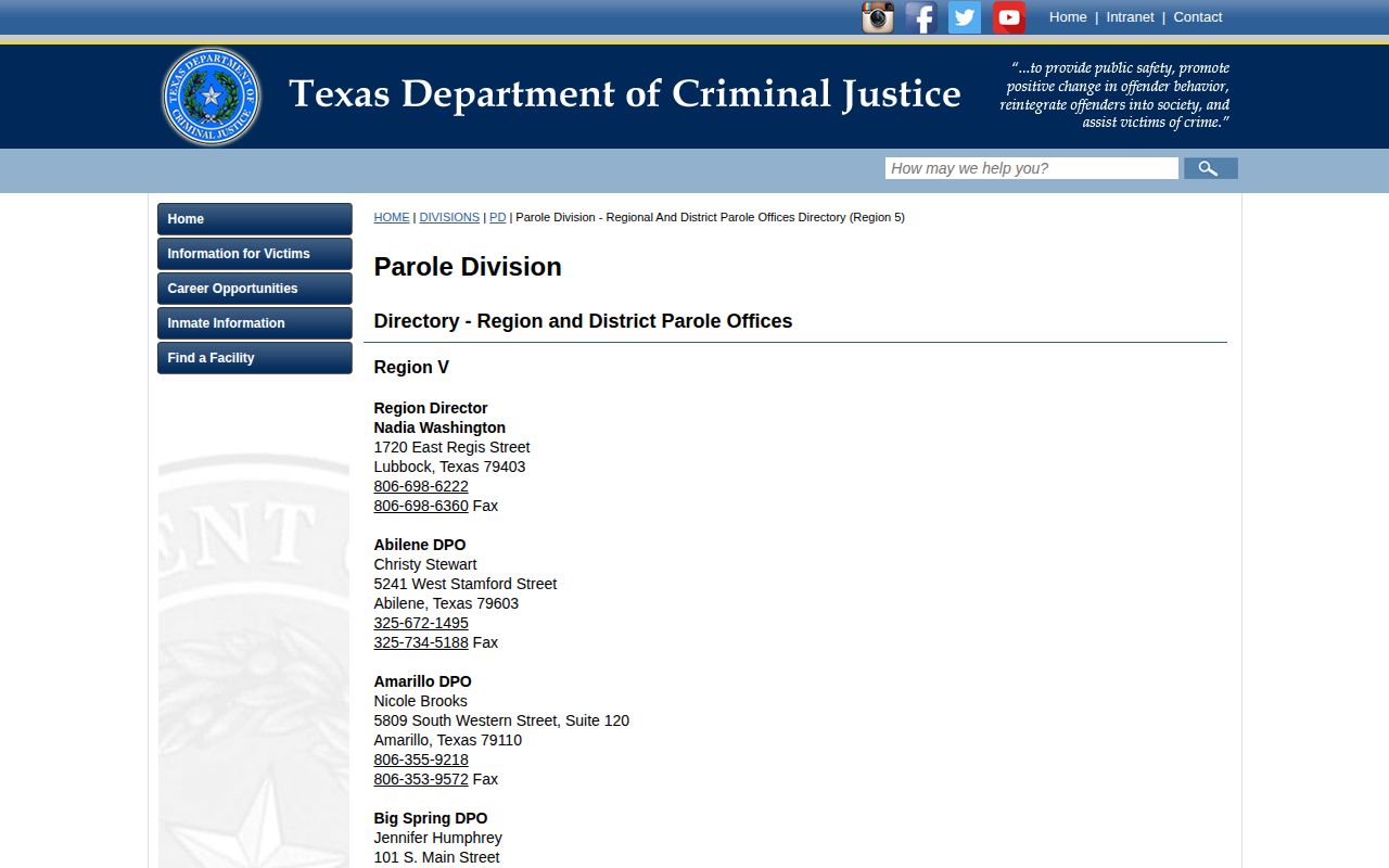 TDCJ Amarillo District Parole Office contact listing for Carson County field supervision