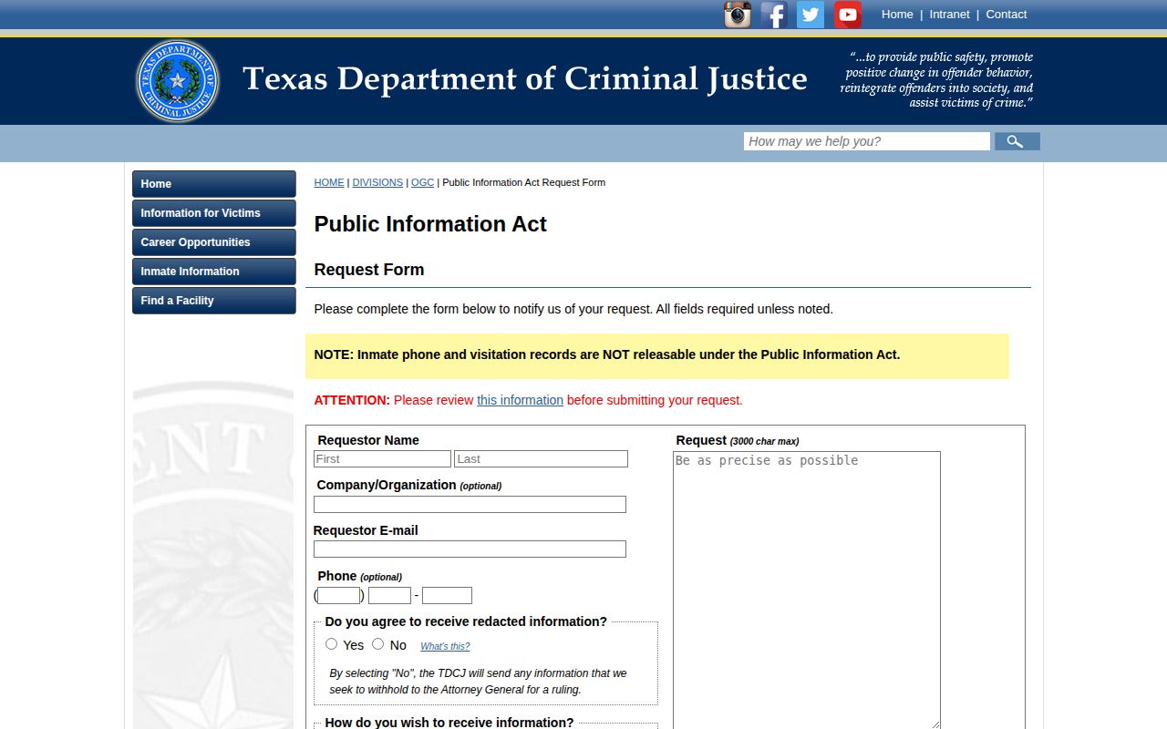 TDCJ Public Information Act form for requesting state incarceration records