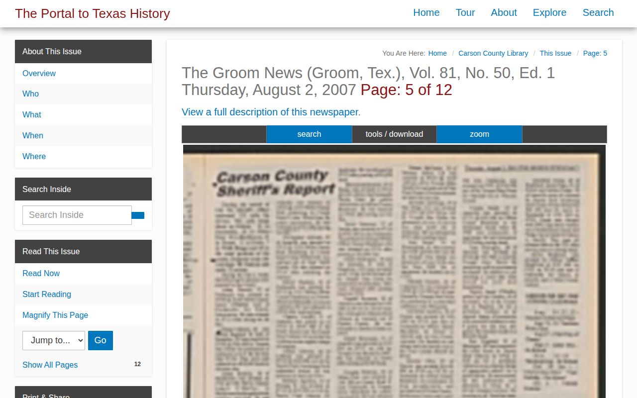 Historic Groom News sheriff report with Carson County arrest and release outcomes