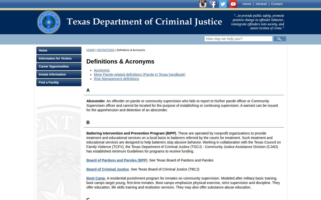 TDCJ definitions page for projected release date and supervision terms
